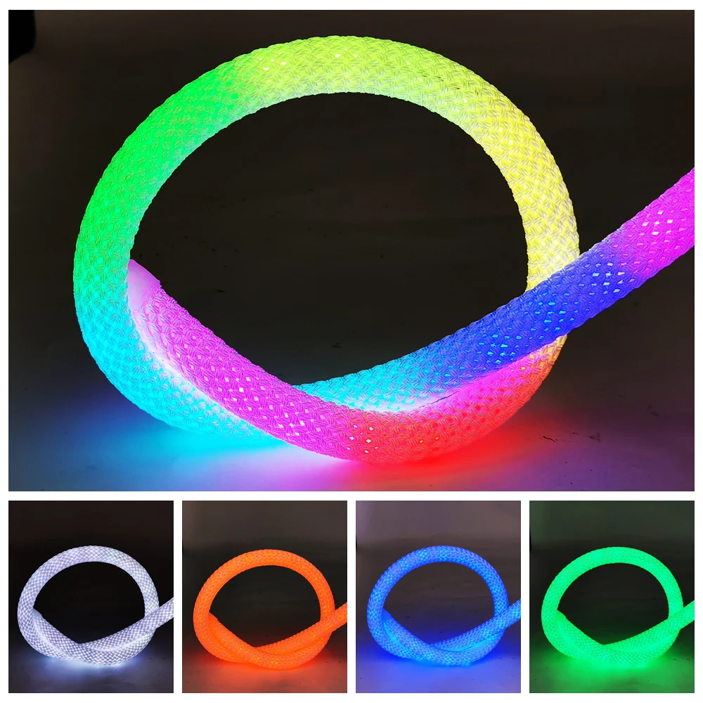 5M RGBIC 360 Degree Round Reticulate Chasing Color LED Neon Strip Light Kit Flexible Nylon Silicone IP67 5V Braided Rope